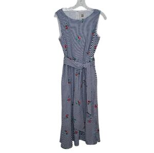 ANNE KLEIN Blue and White Gingham Midi Dress Embroidered Flower Detail Size 10